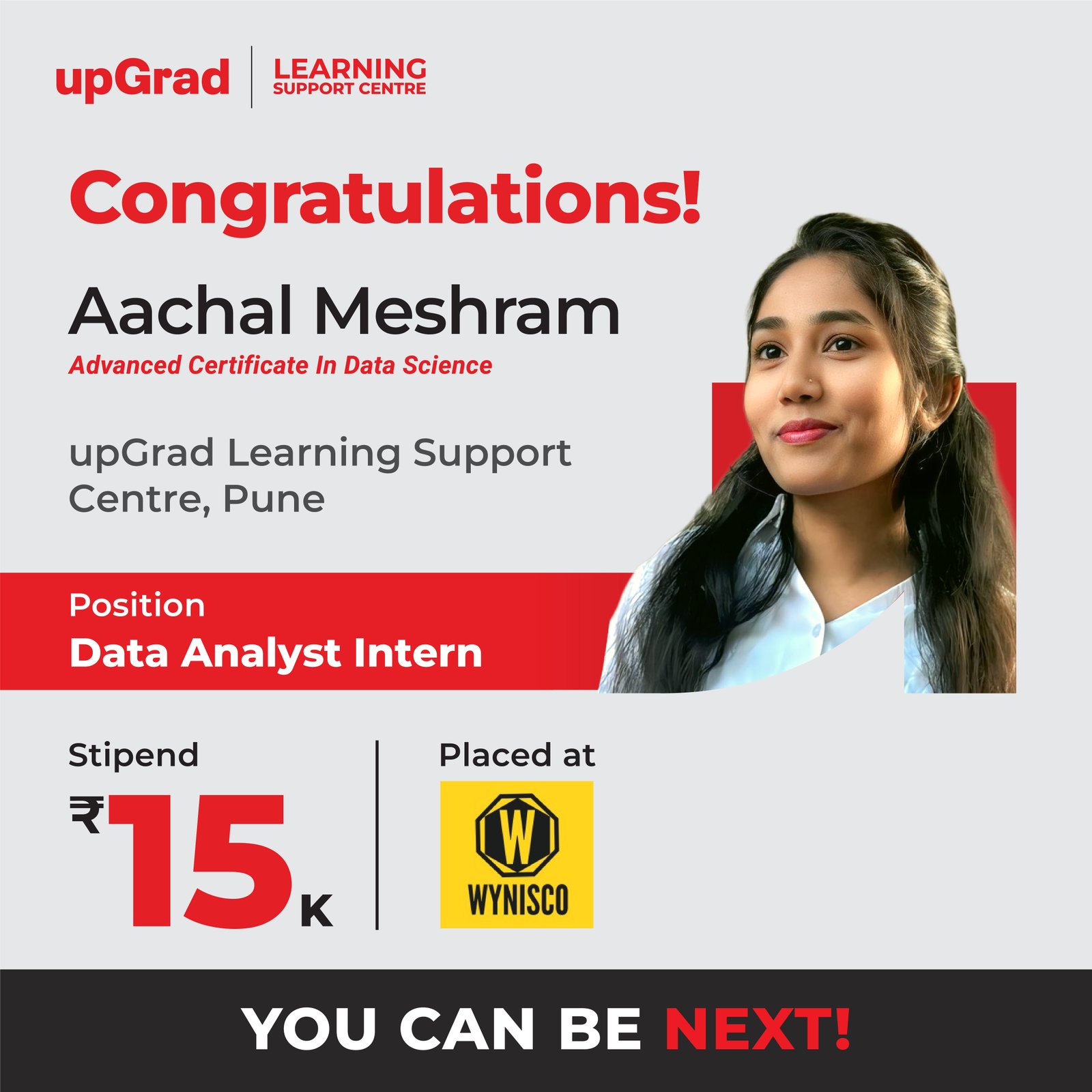 Aachal Meshram was placed at Wynisco as a Data Analyst Intern with a stipend of 15K.